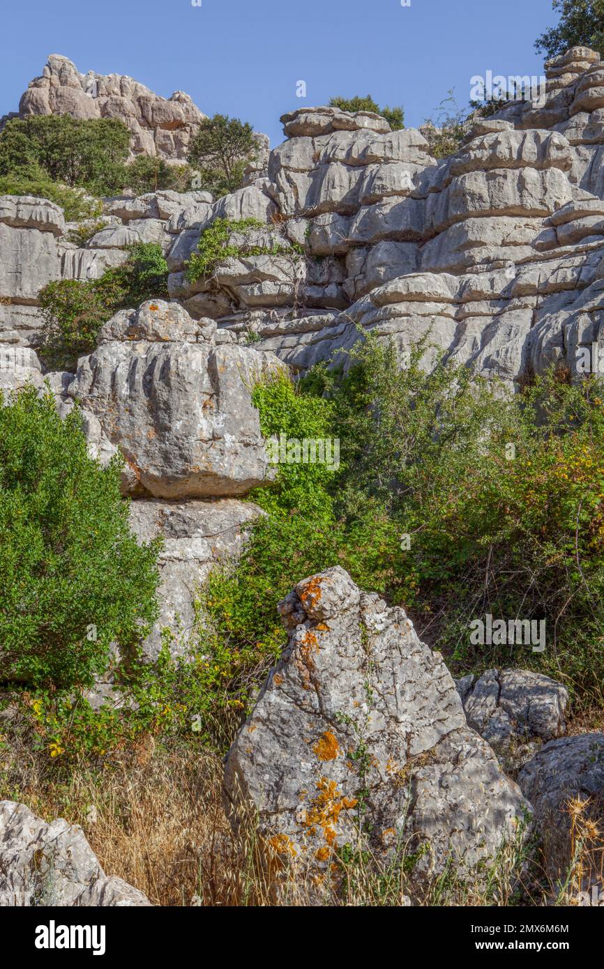 Formazioni rocciose carsiche nel Parco Nazionale Torcal de Antequera, Malaga, Spagna. Foto Stock