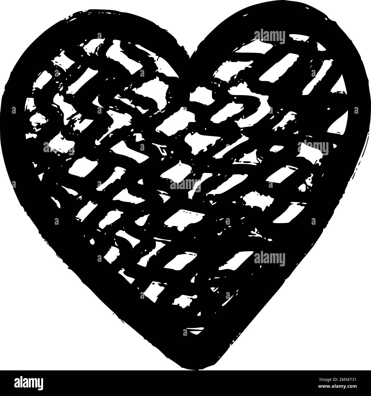 Cuore nero con texture grunge stile stroke. Simbolo dell'amore Illustrazione Vettoriale