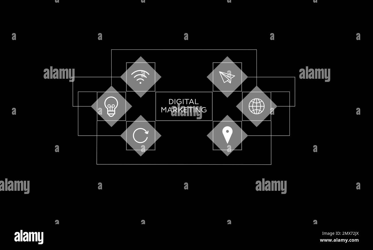 Indicazioni per il marketing digitale. Schema con icone su sfondo nero Foto Stock