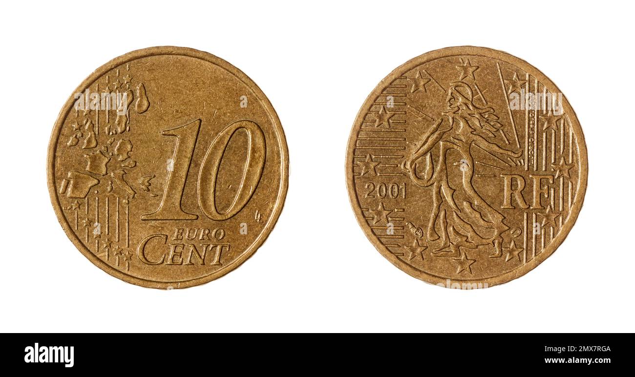 Entrambe le facce della moneta da 10 centesimi di euro coniata in Francia (2001), con un moderno adattamento del seminatore, inizialmente progettato da Oscar Roty, sull'ossesso. Foto Stock