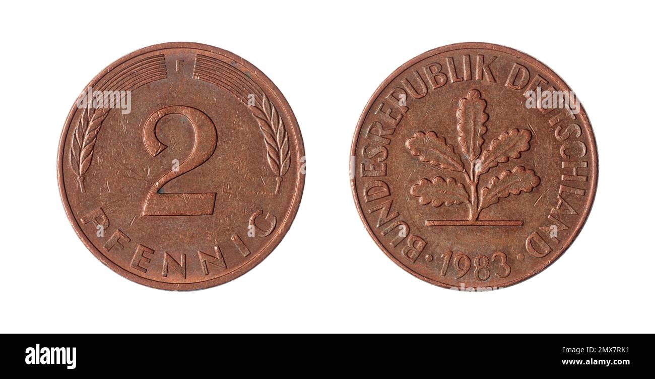 Entrambi i lati della moneta da 2 pfennigs della Germania occidentale (1983) con una piantina di quercia sul lato opposto. Foto Stock
