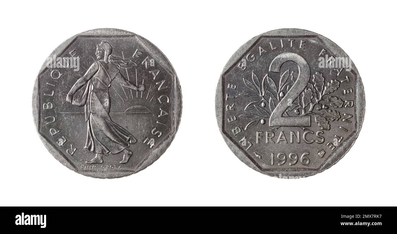 Entrambi i lati della moneta da 2 franchi francesi (1996) con il Sower, progettato da Oscar Roty nel 1900, sul lato opposto. Foto Stock