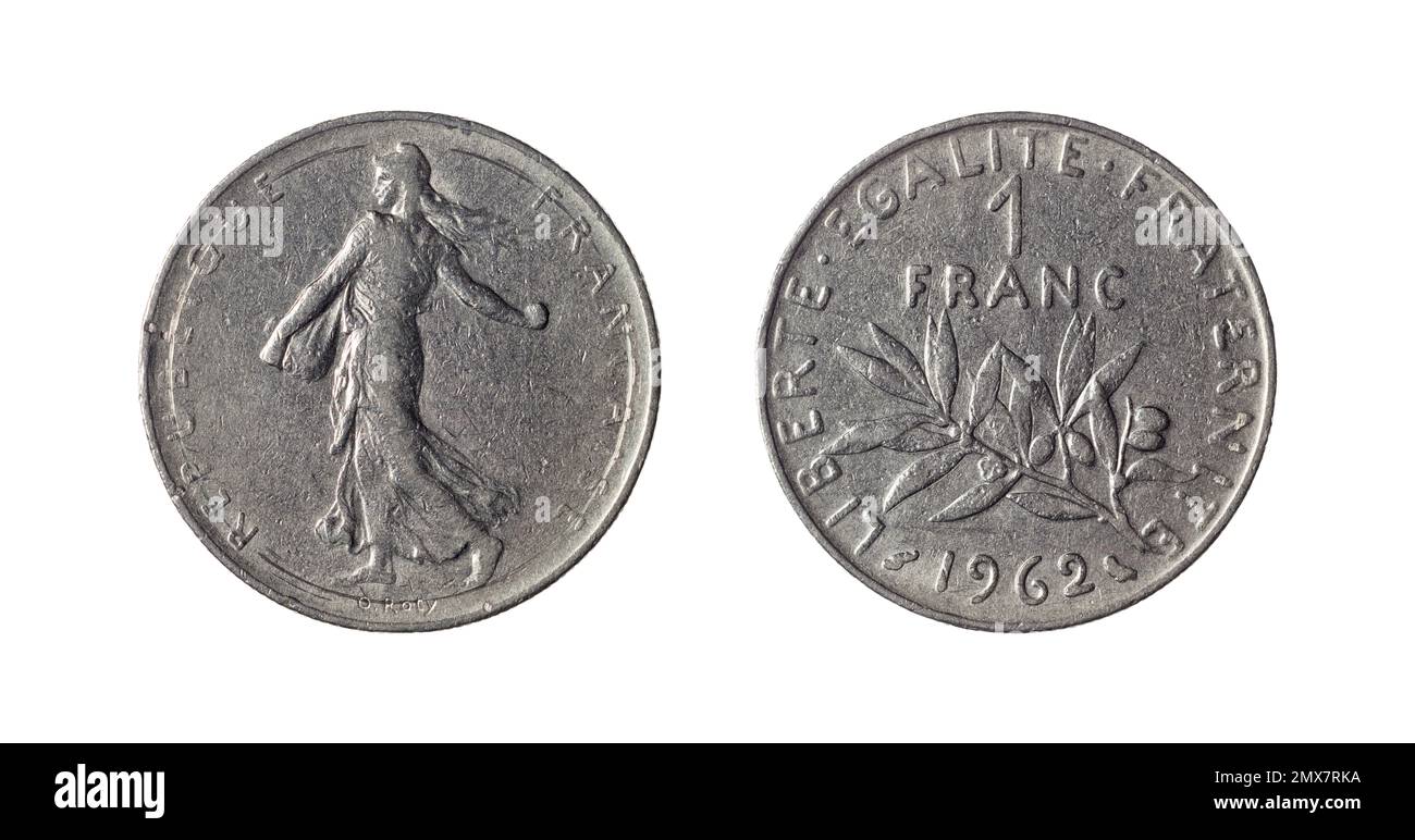Entrambi i lati della moneta francese da 1 franchi (1962) con il Sower, progettato da Oscar Roty nel 1900, sul lato opposto. Foto Stock