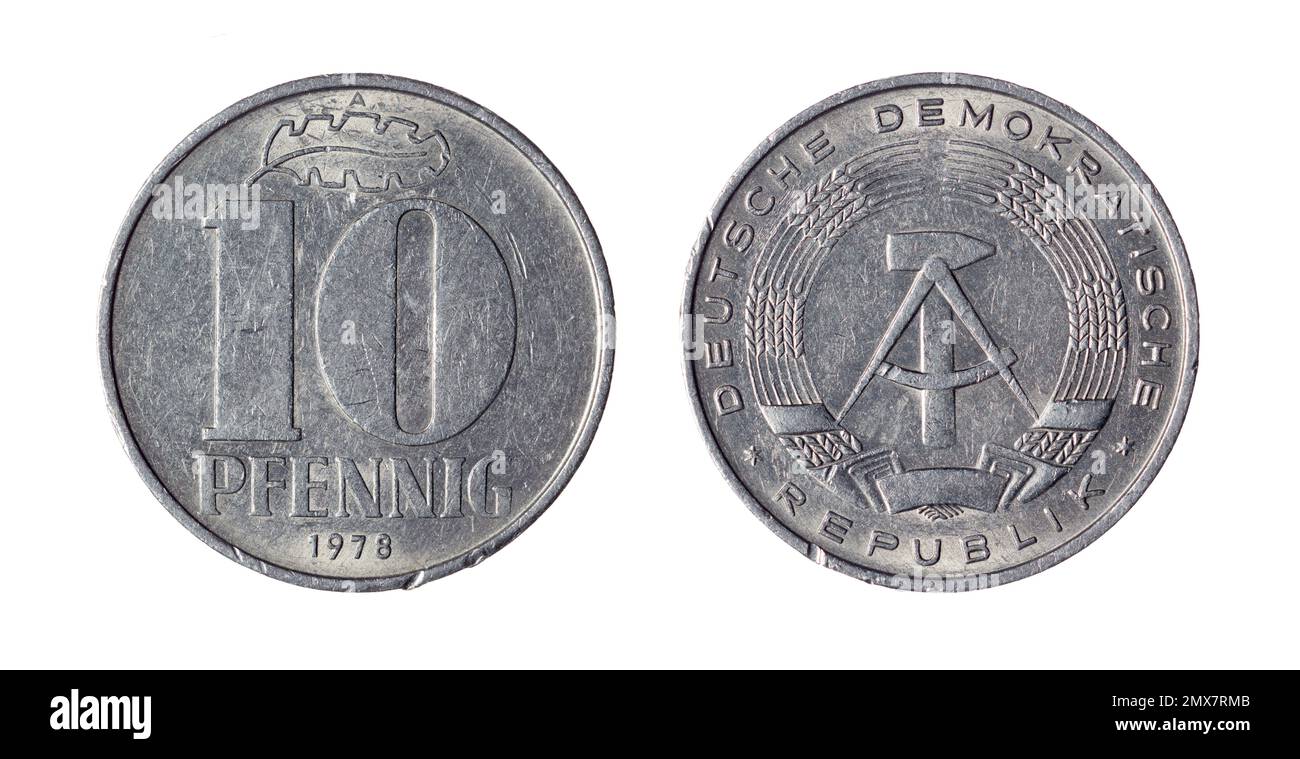 Entrambi i lati della moneta da 10 pfennigs della Germania orientale (1978) con l'emblema nazionale della RDT - un martello e una bussola, circondati da un anello di segale. Foto Stock