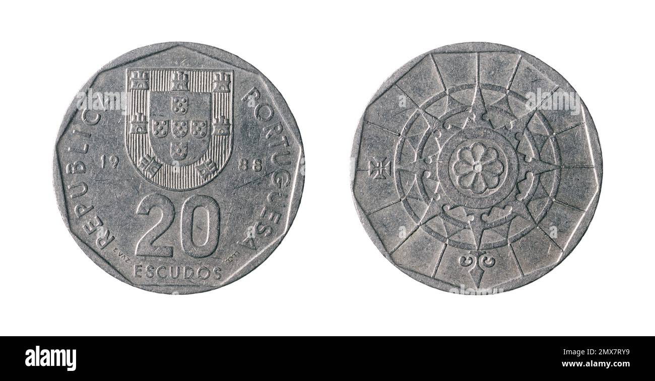 Entrambi i lati della moneta portoghese escudos del 20 (1988) con lo stemma portoghese e una bussola nautica con un fiore al centro. Foto Stock