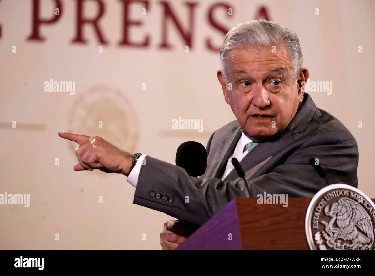 2 febbraio 2023, Città del Messico, Messico: Il presidente messicano Andres Manuel Lopez Obrador gesticulates nella sua conferenza quotidiana mattina prima dei giornalisti al Palazzo Nazionale di Città del Messico. Il 2 febbraio 2023 a Città del Messico, Messico (Foto di Luis Barron / Eyepix Group). Foto Stock