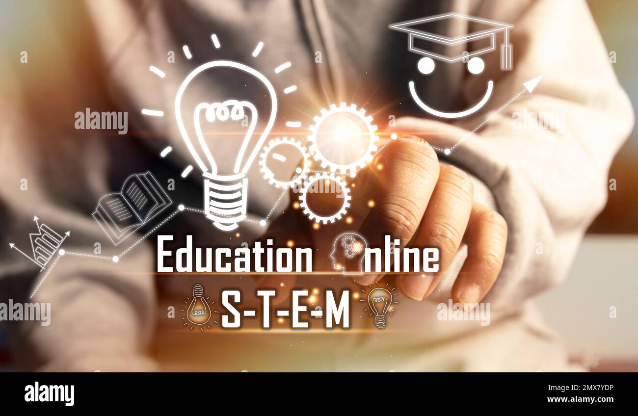 Il concetto di sistema di gestione dell'insegnamento e dell'apprendimento attraverso una rete mista di integrazione della conoscenza tra 4 discipline, in particolare scienza, tecnol Foto Stock