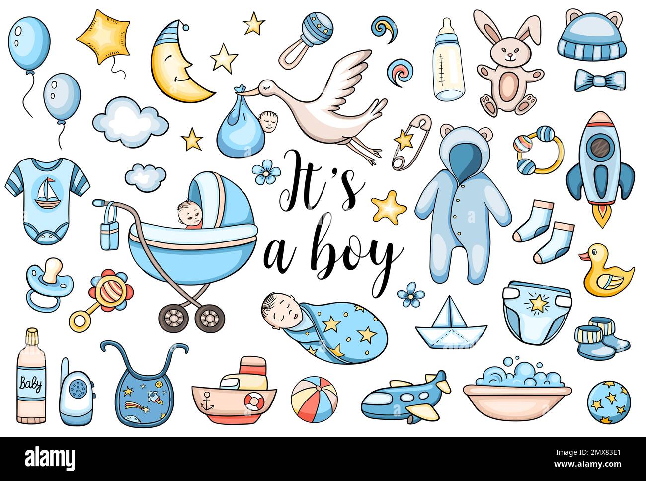 Set di tagliatelle blu disegnate a mano per bambini. Foto Stock