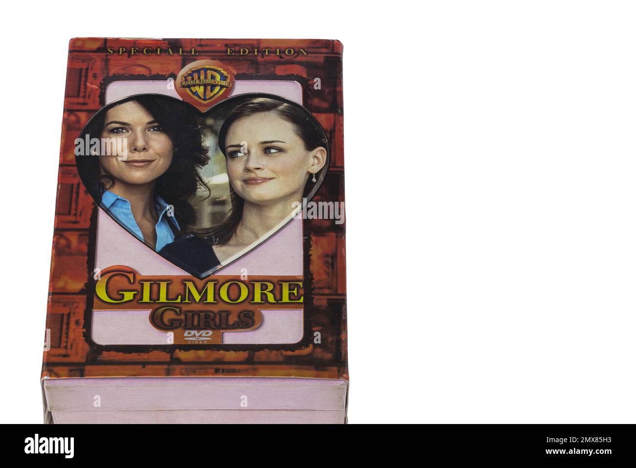 Primo piano di Gilmore girls serie DVD box set isolato su sfondo bianco. Svezia. Foto Stock