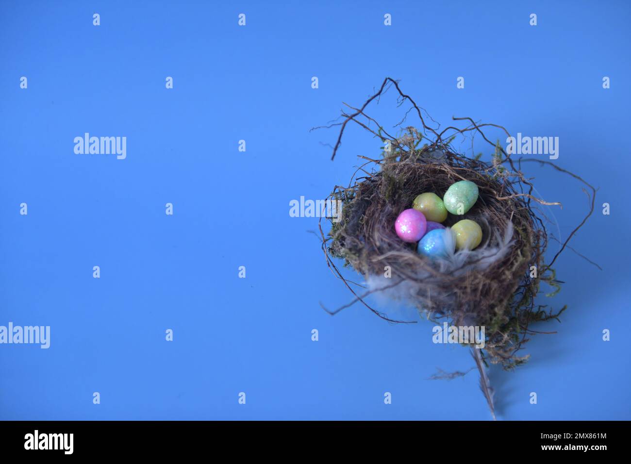 Vero nido d'uccello con piccole uova di Pasqua colorate. Foto orizzontale con sfondo blu e spazio di copia a sinistra. Foto Stock