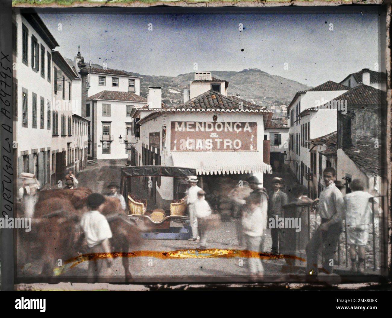 FUNCHAL, Ile de Madeira, Portugal Street scena con quattro posti sled trainati da oxen , 1909 - viaggio di Albert Kahn e Auguste Léon (?) In Sud America - (agosto - ottobre) Foto Stock