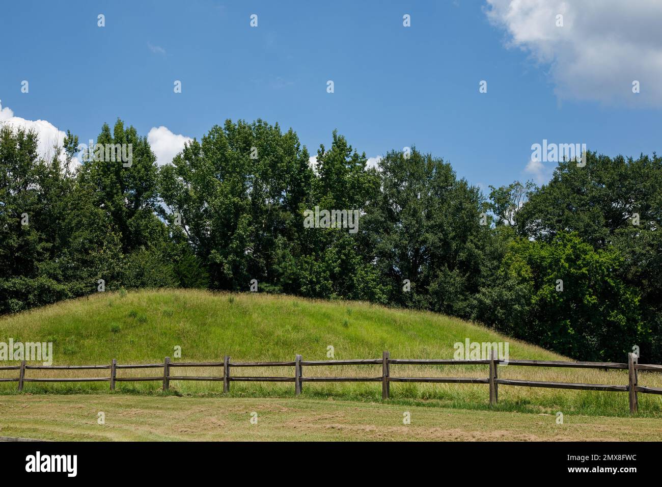 Tumulo sepolcrale circondato da alberi e recinzione presso l'Ocmulgee Mounds National Historical Park, Macon, Georgia, Stati Uniti. Foto Stock