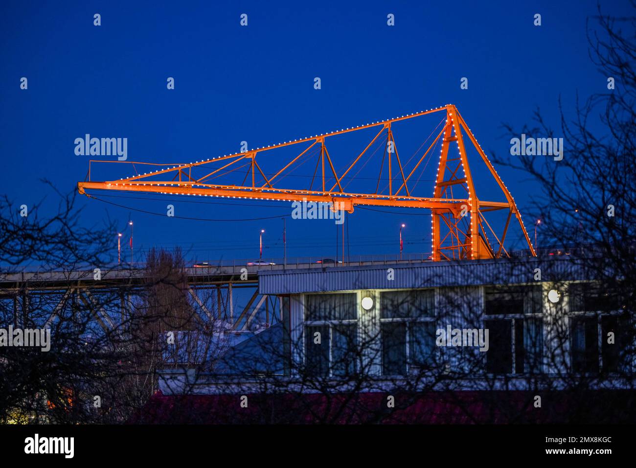 Gru industriale Heritage, Granville Island, Vancouver, British Columbia, Canada Foto Stock