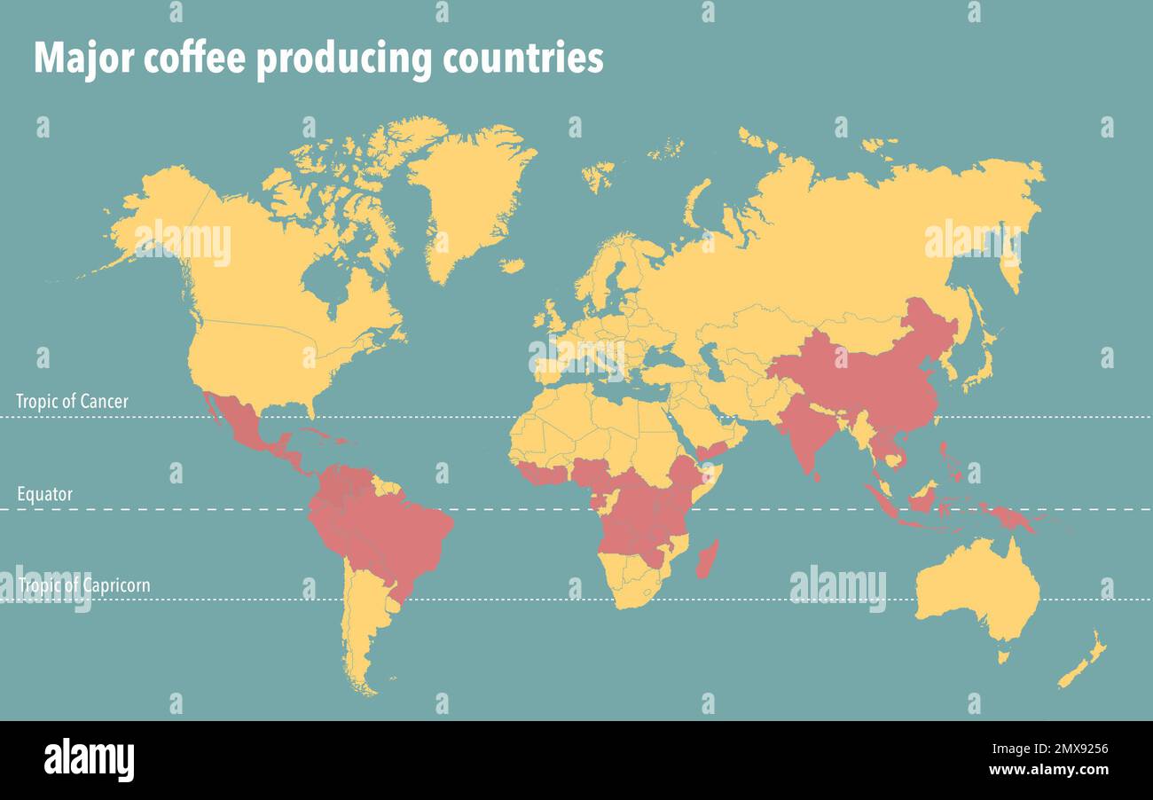 Mappa mondiale con i principali paesi produttori di caffè Foto Stock