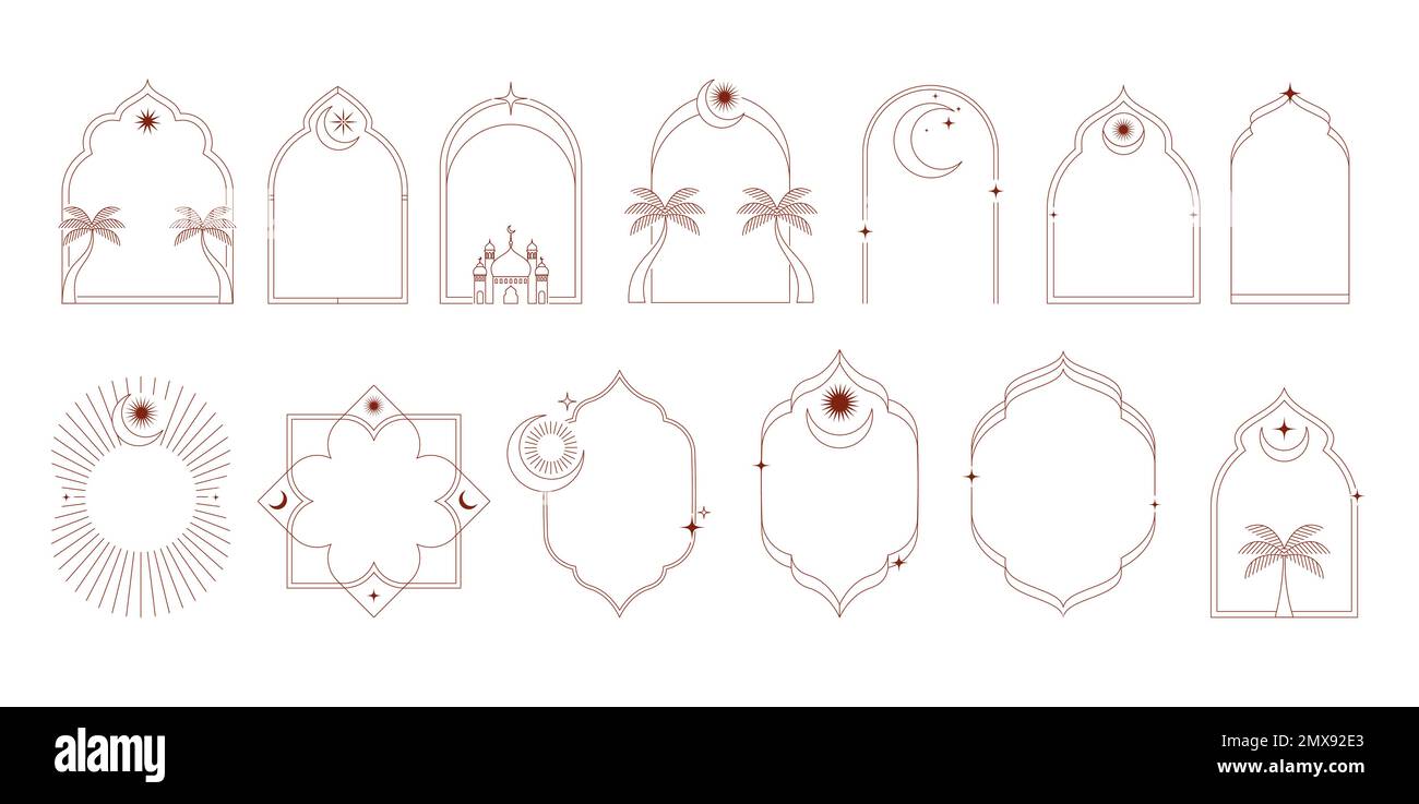 Collezione di finestre e archi islamici minimal-lineari con design boho moderno, luna, cupola della moschea e lanterne. Illustrazioni minimalistiche Illustrazione Vettoriale