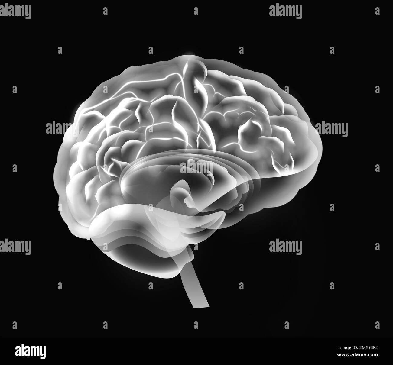 Illustrazione del cervello umano su sfondo nero Foto Stock