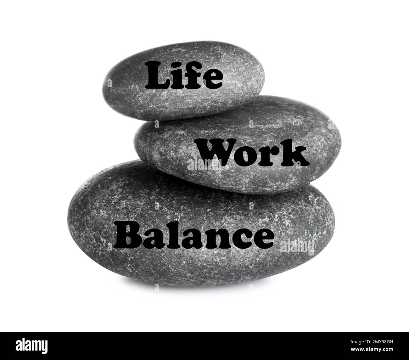 Concetto di equilibrio tra vita lavorativa e vita privata. Pietre impilate su sfondo bianco Foto Stock