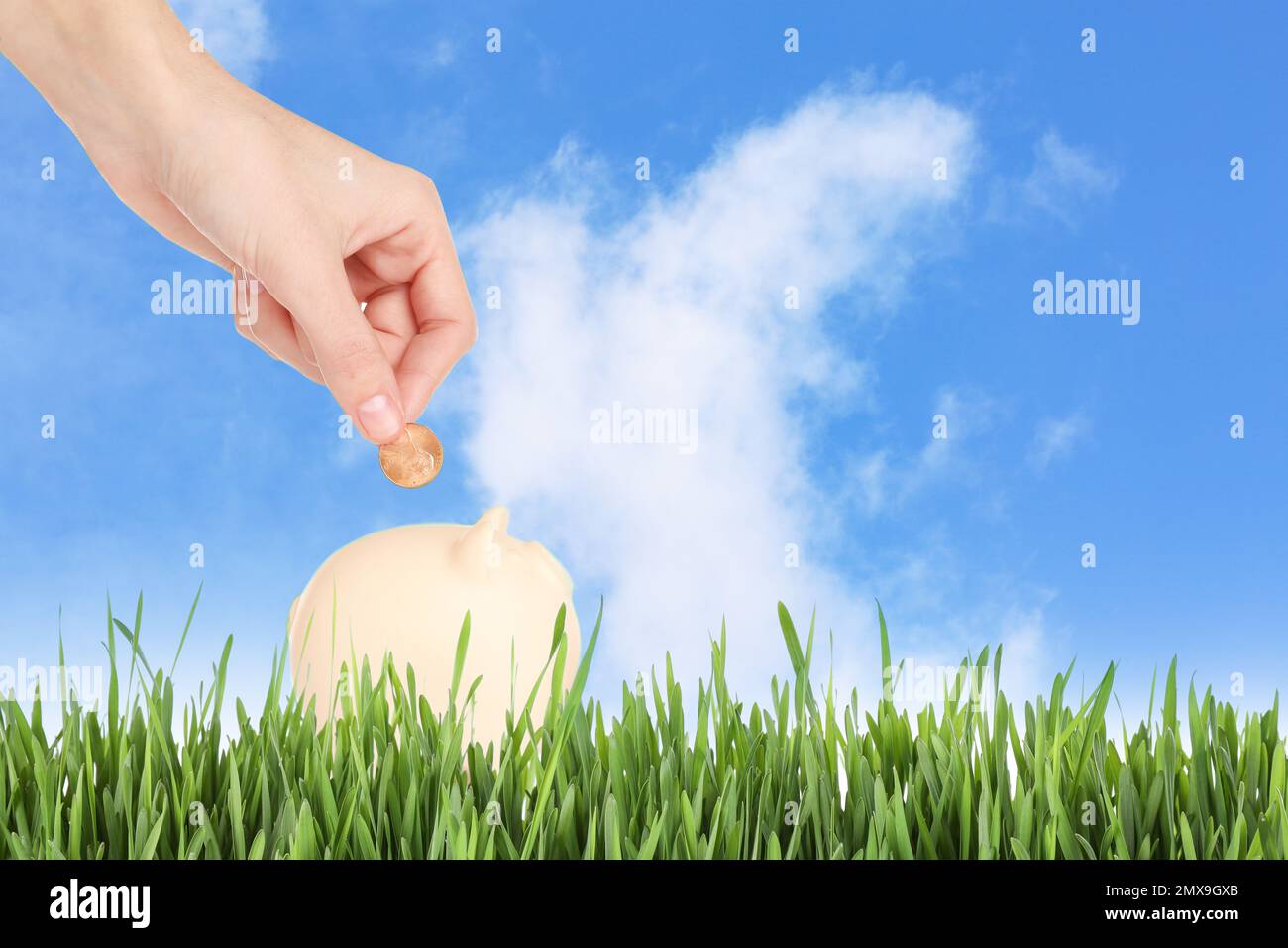 Donna che mette moneta in maialino all'aperto, primo piano. Spazio per il testo Foto Stock