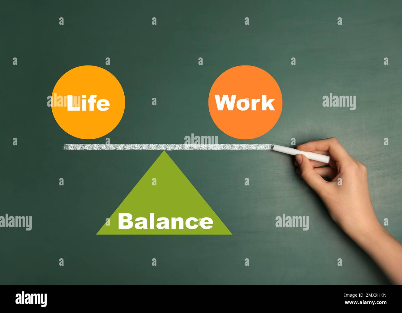 Concetto di equilibrio tra vita lavorativa e vita privata. Donna che disegna su lavagna, primo piano Foto Stock
