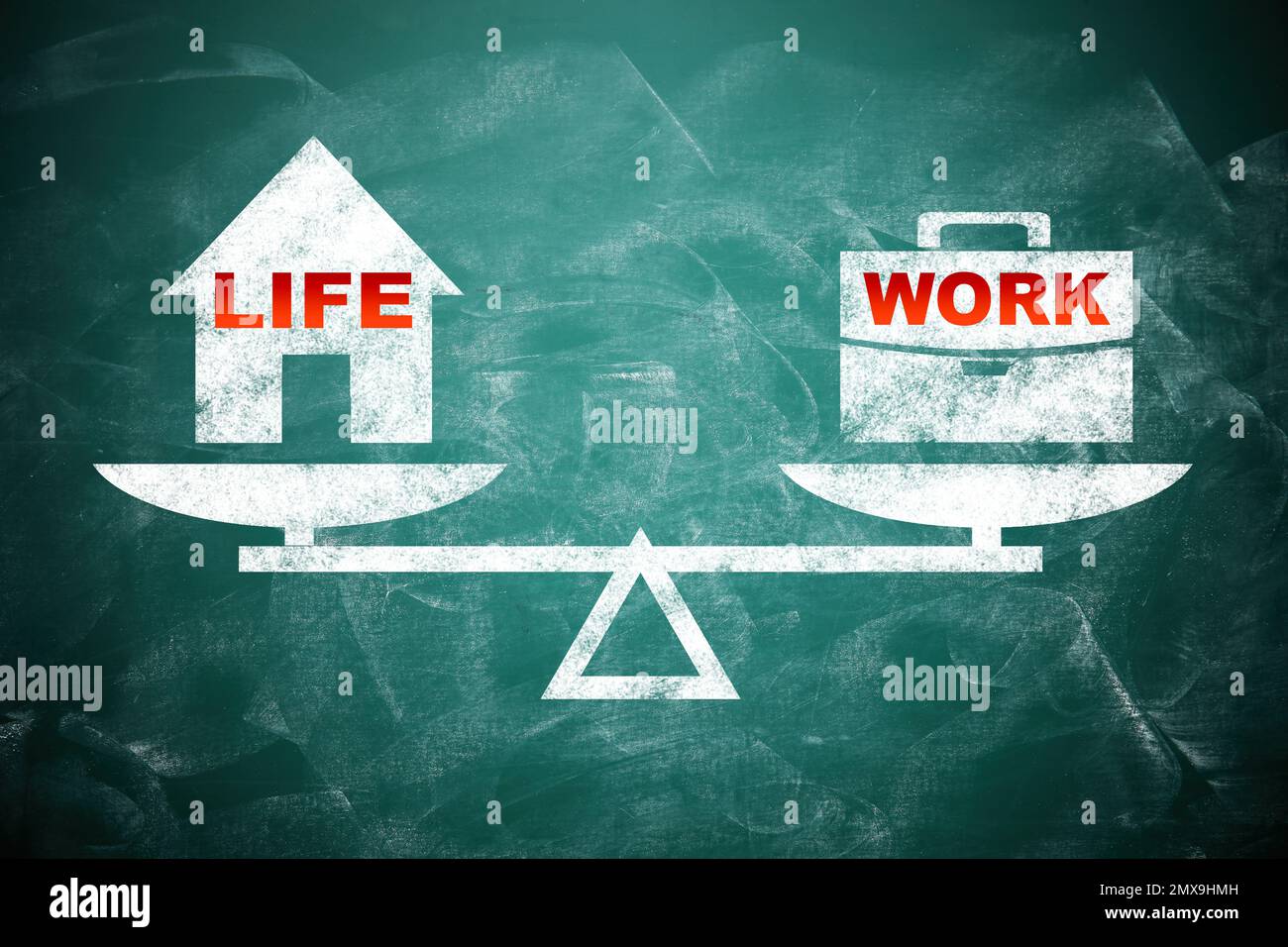 Concetto di equilibrio tra vita lavorativa e vita privata. Lavagna con disegno di scala Foto Stock