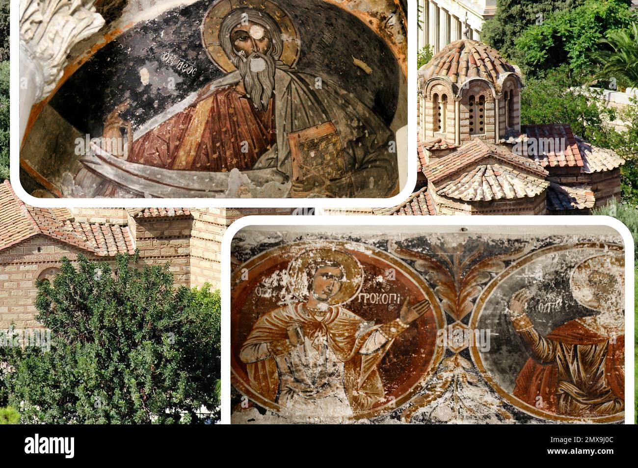 Affreschi raffiguranti la famosa chiesa bizantina dei Santi Apostoli di Solaki, situata nell'antica Agorà di Atene in Grecia. Foto Stock
