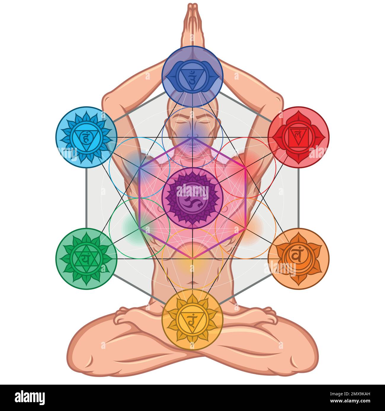 Disegno vettoriale dell'uomo meditato in posizione fiore di loto con figura di metatron e simbolo di chakra Illustrazione Vettoriale