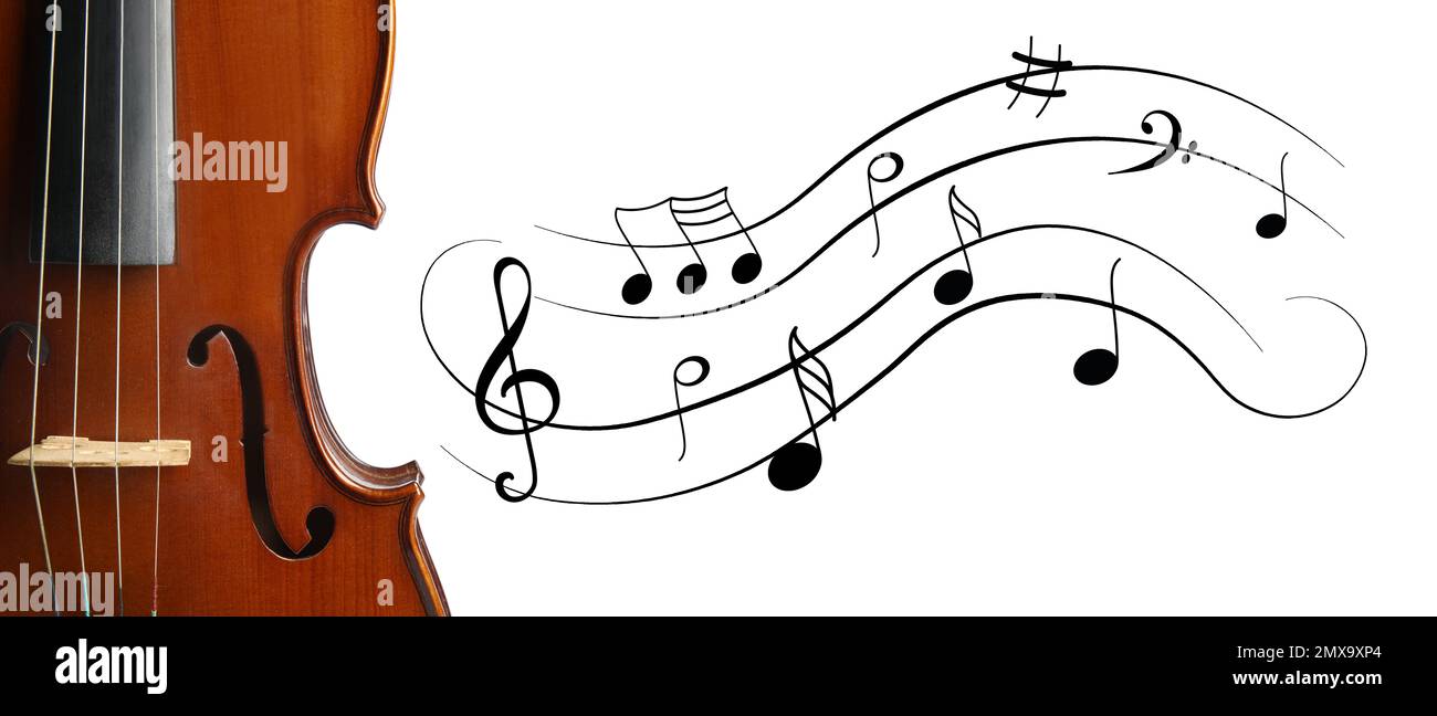 Violino classico e note musicali su sfondo bianco. Design del banner Foto Stock