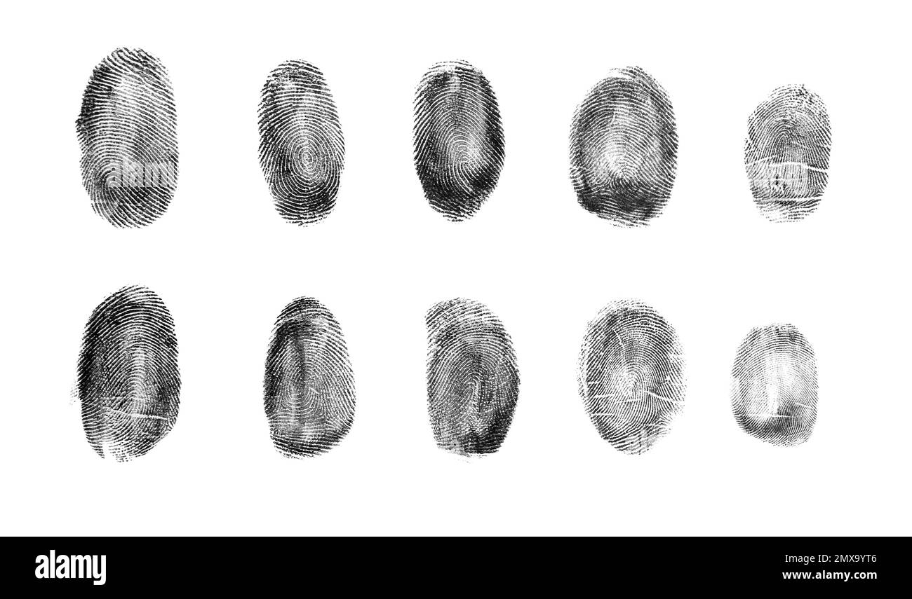 Set di impronte digitali diverse su sfondo bianco, vista dall'alto Foto Stock