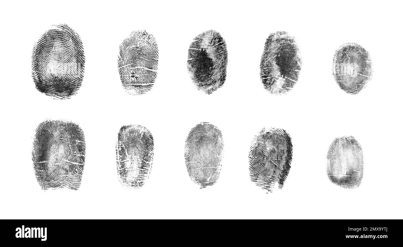 Set di impronte digitali diverse su sfondo bianco, vista dall'alto Foto Stock