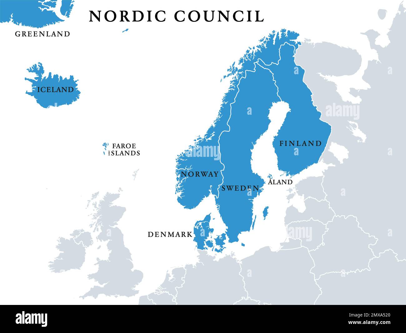 Membri del Consiglio nordico, mappa politica. Cooperazione tra Danimarca, Finlandia, Islanda, Norvegia e Svezia, Isole Faeroeer, Groenlandia, Aland. Foto Stock