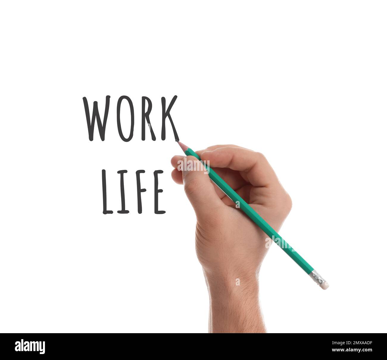 Concetto di equilibrio tra vita lavorativa e vita privata. Uomo con matita e parole su sfondo bianco, primo piano Foto Stock