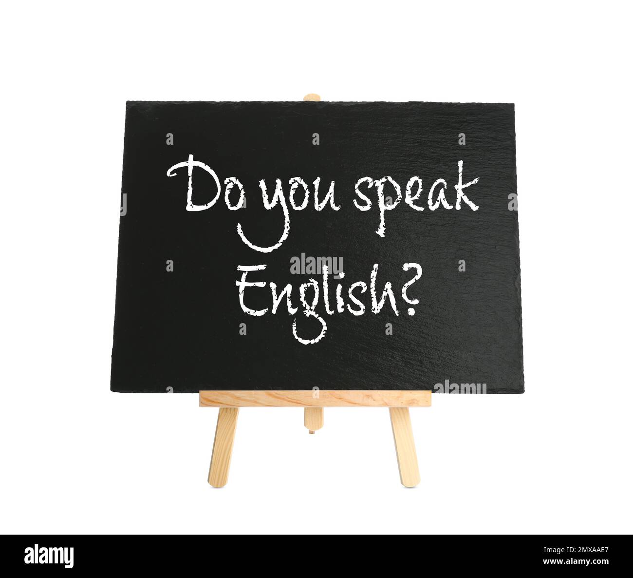 Lavagna con domanda PARLA INGLESE su sfondo bianco Foto Stock
