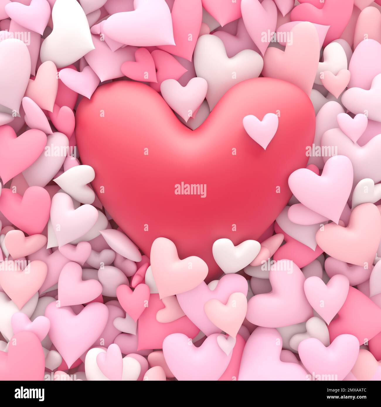 Un mucchio di morbidi cuori rosa pastello con un grande cuore rosso centrale per San Valentino o altre romantiche vacanze a tema. rendering 3D. Foto Stock