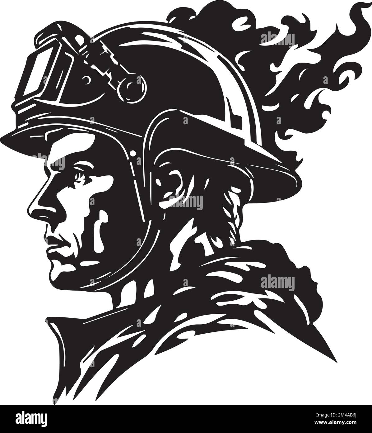 Pompiere Monocromo con logo Design Fireman Illustrazione Vettoriale