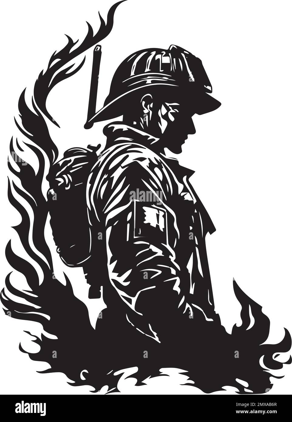 Pompiere Monocromo con logo Design Fireman Illustrazione Vettoriale