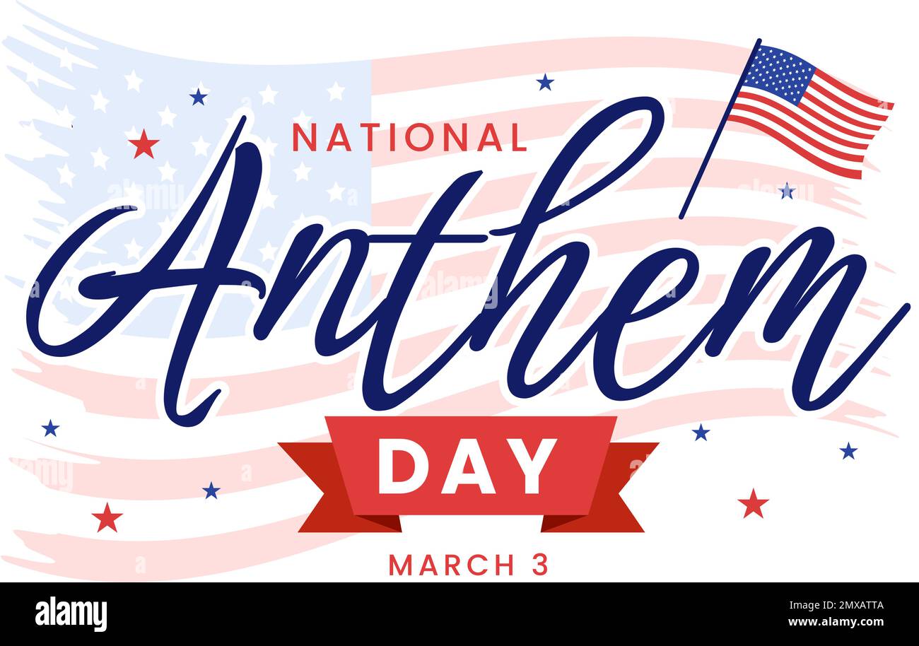 National Anthem Day il 3 marzo Illustrazione con Stati Uniti d'America Bandiera per banner Web o landing page in Cartoon piano modello disegnato a mano Illustrazione Vettoriale