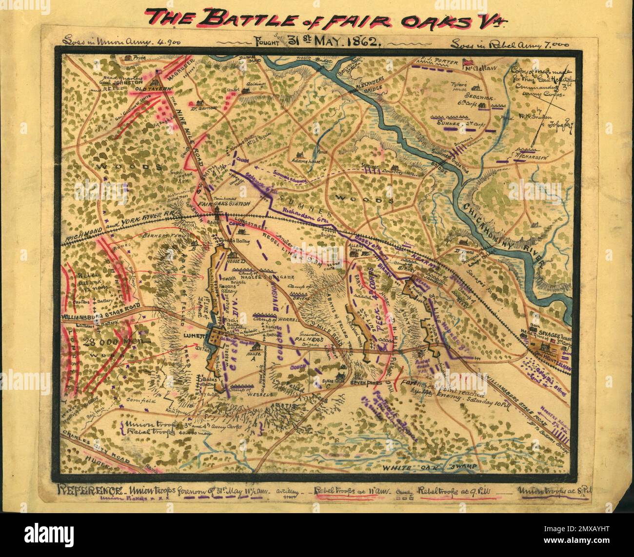 La Battaglia di sette pini (nota anche come Battaglia di Fair Oaks o Fair Oaks Station) si è svolta il 31 maggio e il 1 giugno 1862 nella contea di Henrico, in Virginia, come parte della campagna Peninsula della guerra civile americana. Fu il culmine di un'offensiva sulla penisola della Virginia guidata dal maggiore generale dell'Unione George McClellan, in cui l'esercito del Potomac raggiunse la periferia di Richmond. Questa immagine è una mappa della battaglia disegnata subito dopo la battaglia. Foto Stock
