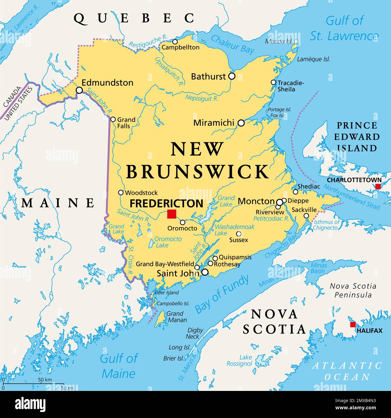 New Brunswick, provincia marittima e atlantica del Canada, mappa politica. Confina con Quebec, Nuova Scozia, Golfo di St Lawrence, Baia di Fundy e Maine. Foto Stock