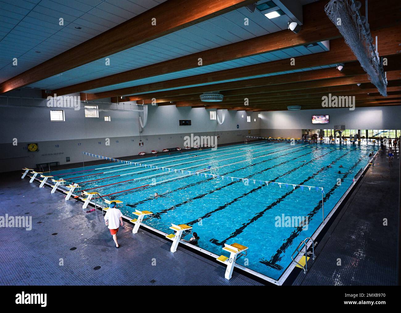 Potsdam, Germania. 02nd Feb, 2023. Nella piscina sportiva del Blu sport e piscina per il tempo libero, l'acqua ha una temperatura di 26,4 gradi Celsius. La piscina coperta Blu è stata aperta nel 07.06.2017 e dispone di un'area per il tempo libero e la famiglia con scivoli, piscina per le bolle e parete per arrampicata, un'area benessere con cinque saune e un'area per il nuoto sportivo con una torre per immersioni e una piscina per l'insegnamento. Il Blu appartiene alla Bäderlandschaft Potsdam GmbH. Credit: Soeren Stache/dpa/Alamy Live News Foto Stock