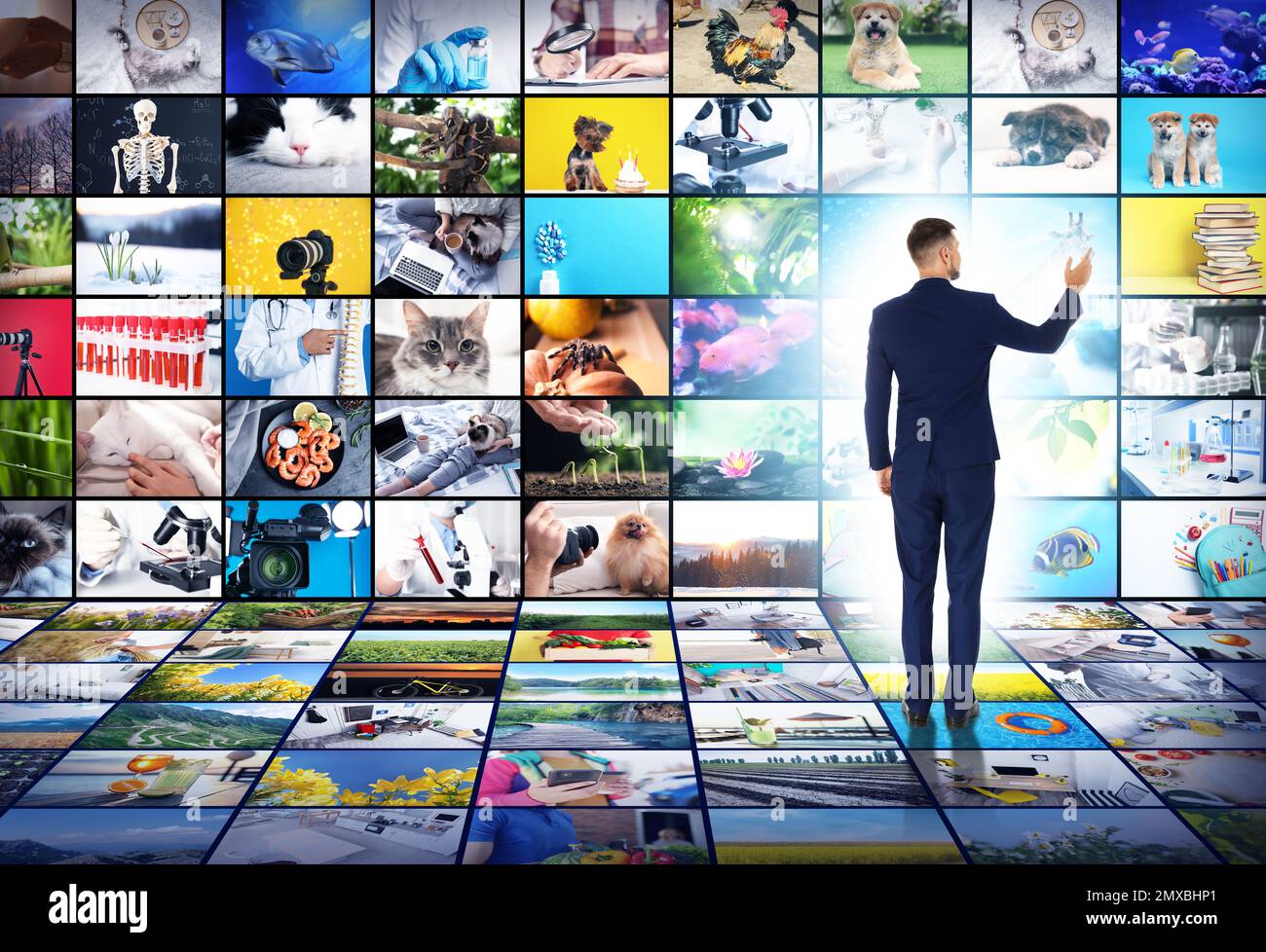 Concetto di libreria multimediale. Uomo che usa la galleria video virtuale Foto Stock