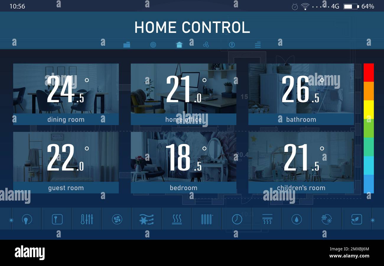 Sistema di controllo domestico ad efficienza energetica. Applicazione che visualizza la temperatura in ambienti diversi e altre impostazioni Foto Stock