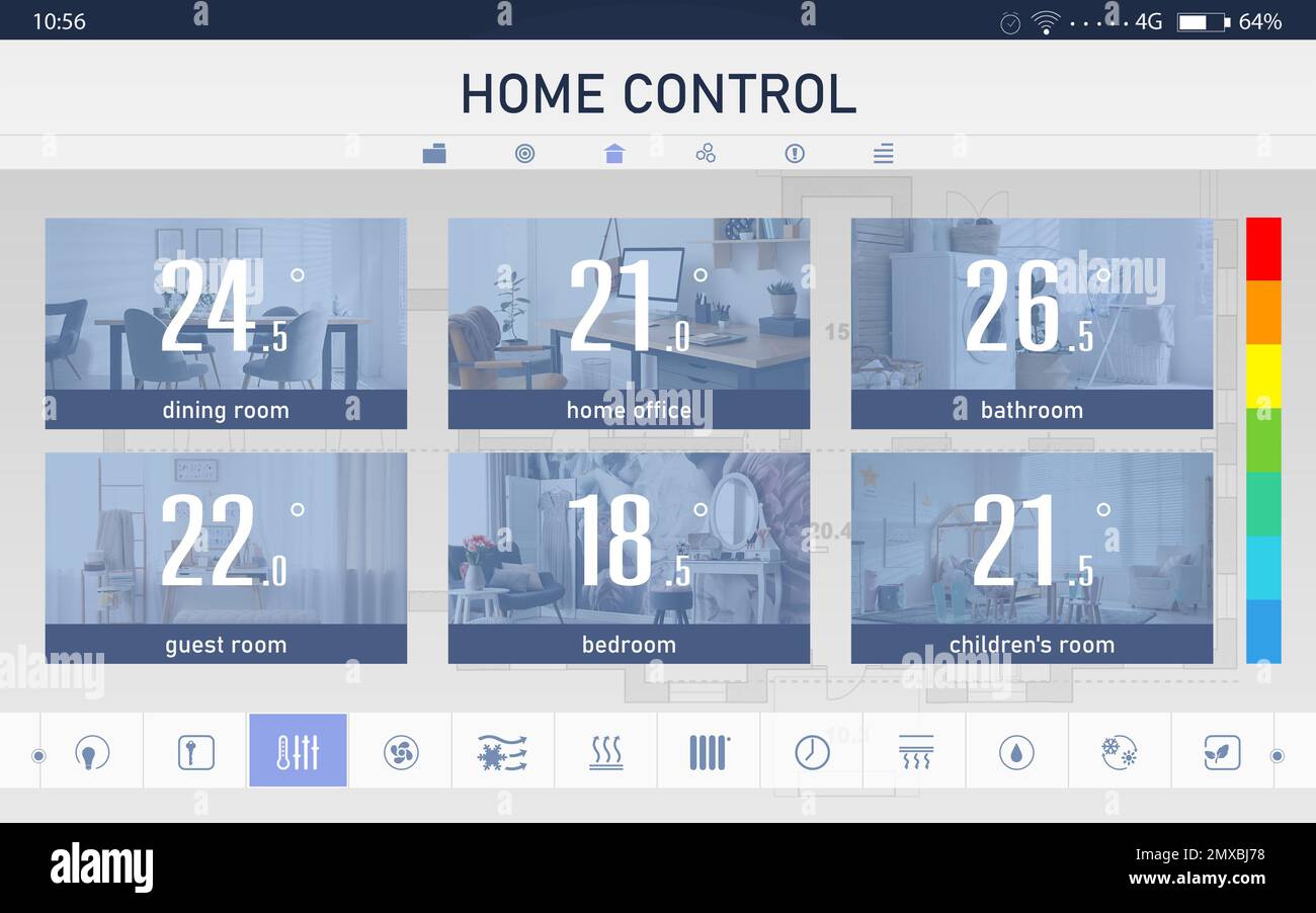 Sistema di controllo domestico ad efficienza energetica. Applicazione che visualizza la temperatura in ambienti diversi e altre impostazioni Foto Stock