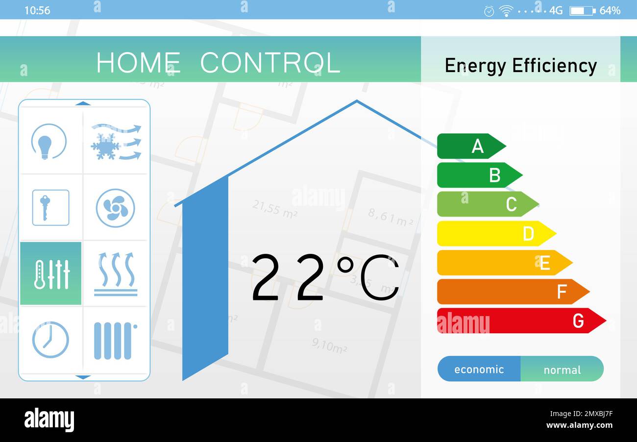 Sistema di controllo domestico ad efficienza energetica. Applicazione che visualizza la temperatura interna e altre impostazioni Foto Stock