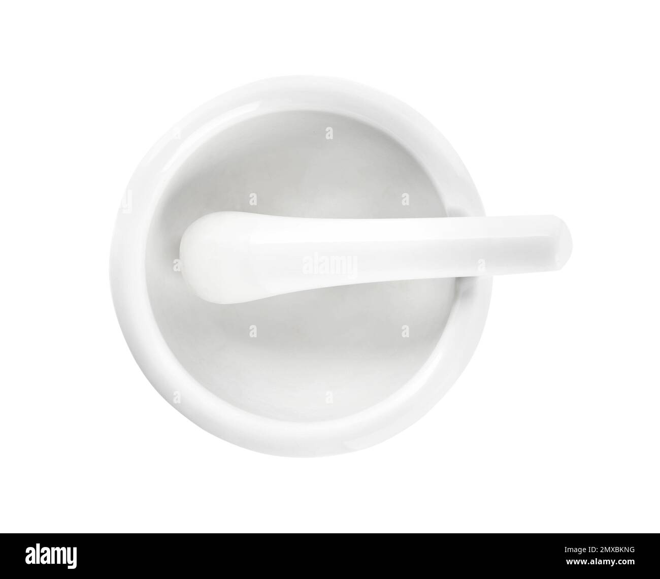 Nuovo mortaio in ceramica con pestello isolato su bianco, vista dall'alto utensili da cucina Foto Stock