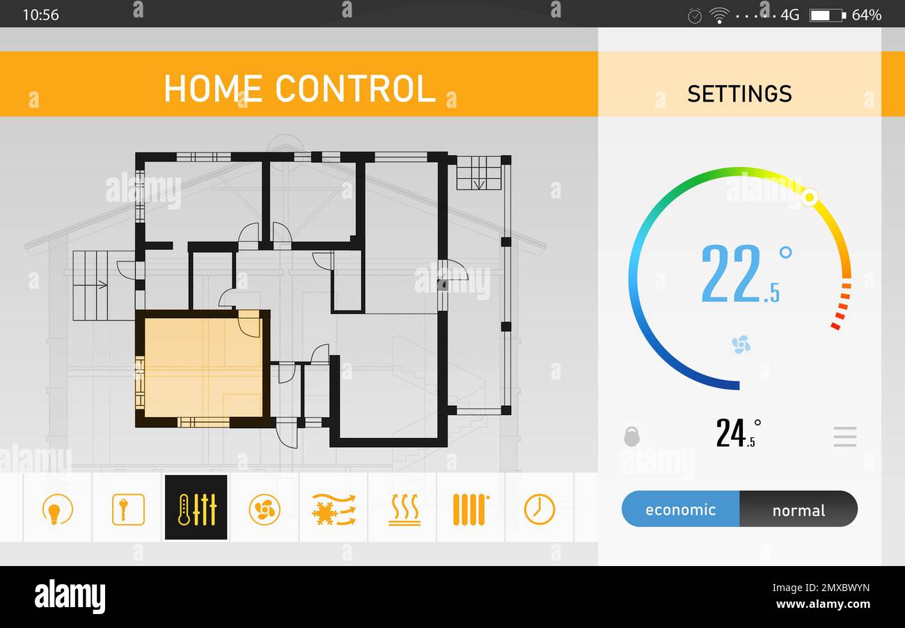 Sistema di controllo domestico ad efficienza energetica. Applicazione che visualizza la pianta della casa, la temperatura interna e altre impostazioni Foto Stock