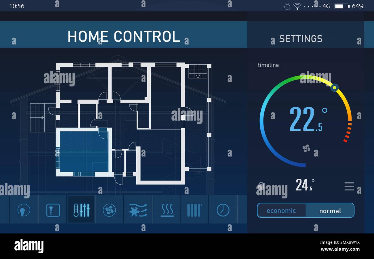 Sistema di controllo domestico ad efficienza energetica. Applicazione che visualizza la pianta della casa, la temperatura interna e altre impostazioni Foto Stock