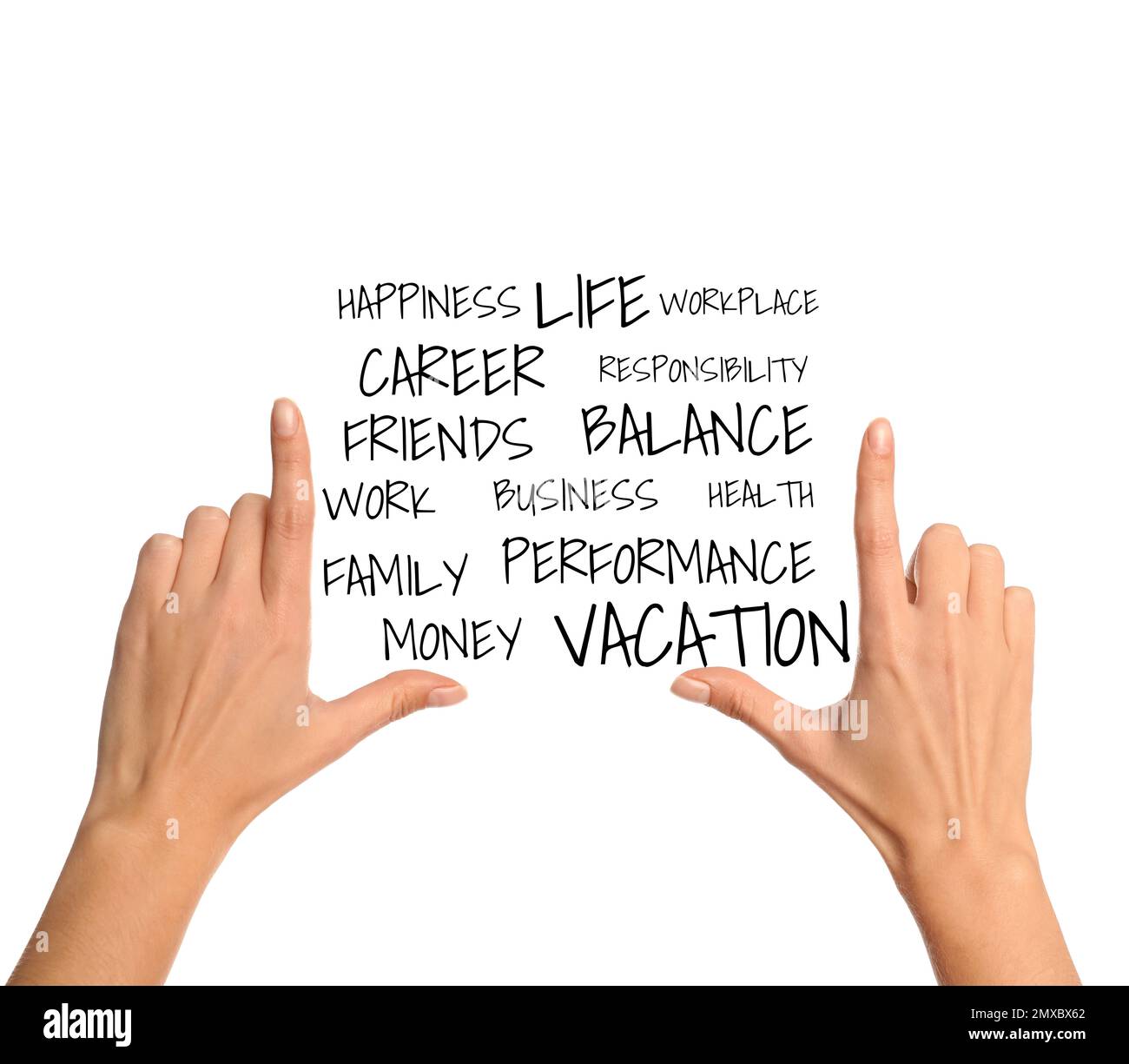 Concetto di equilibrio tra vita lavorativa e vita privata. Donna ed elenco di parole su sfondo bianco, primo piano Foto Stock