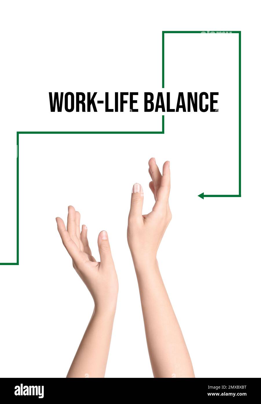 Donna che dimostra l'equilibrio lavoro-vita su sfondo bianco, primo piano Foto Stock