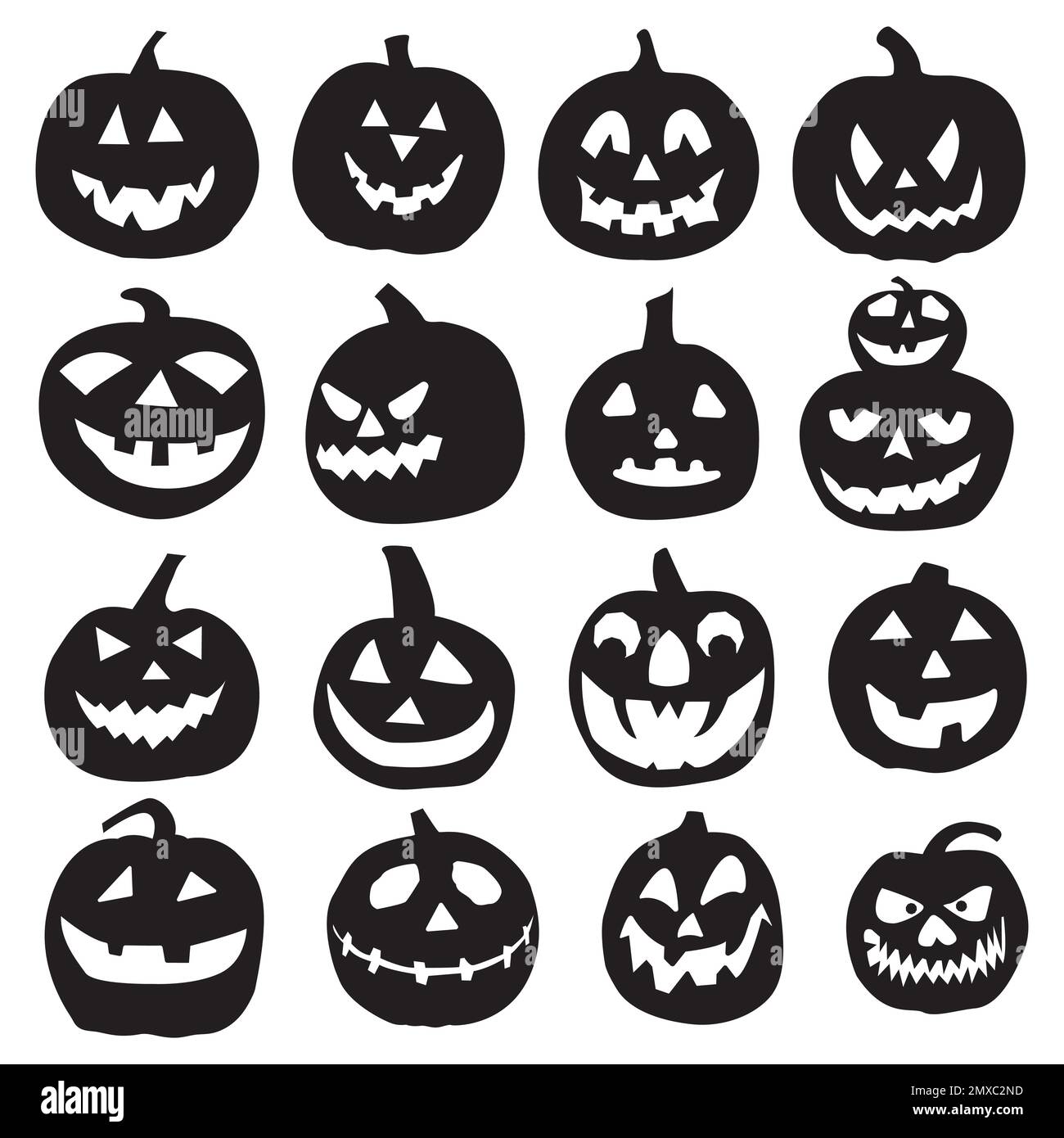 Collezione di silhouette di zucca di Halloween, set di zucche. Collezione di volti di zucca per Halloween. Illustrazione Vettoriale