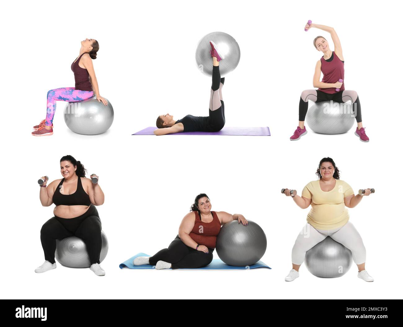 Collage di donne con fitball facendo esercizi su sfondo bianco Foto Stock